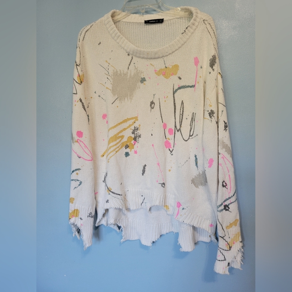 ZARA Knit Distressed Splatter Paint Oversized Sweater S - Picture 3 of 8